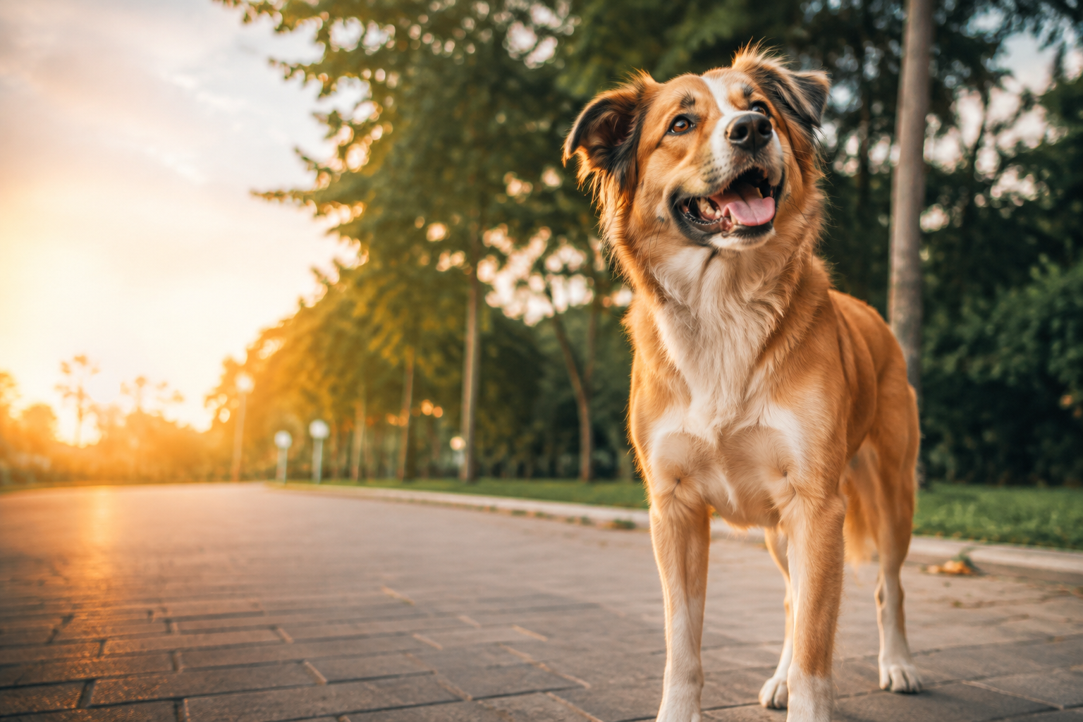 Cachorro em parque urbano ao pôr do sol